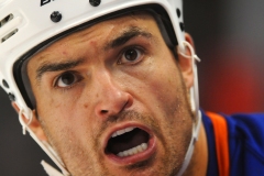 30 SEP 2011: Edmonton Oilers forward Darcy Hordichuk exchanges words with the Minnesota Wild bench in the third period in a preseason game at the Xcel Energy Center in St. Paul, Minn. The Oilers beat the Wild in an overtime shoot out, 4-3.